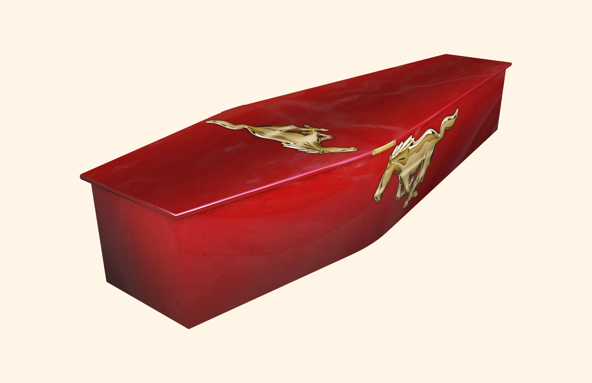 Golden Stallion design on a traditional coffin